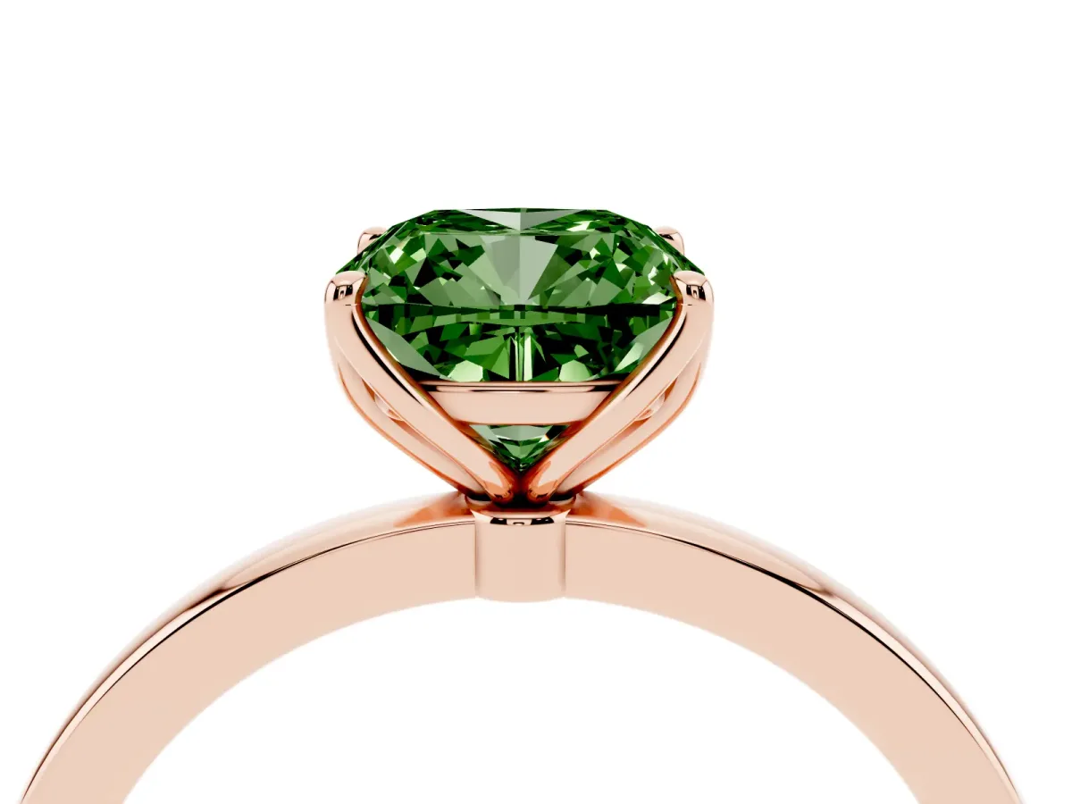 Fancy Green Cushion Cut Diamond Solitaire Ring with Thin Band and Prong Setting Rose gold
