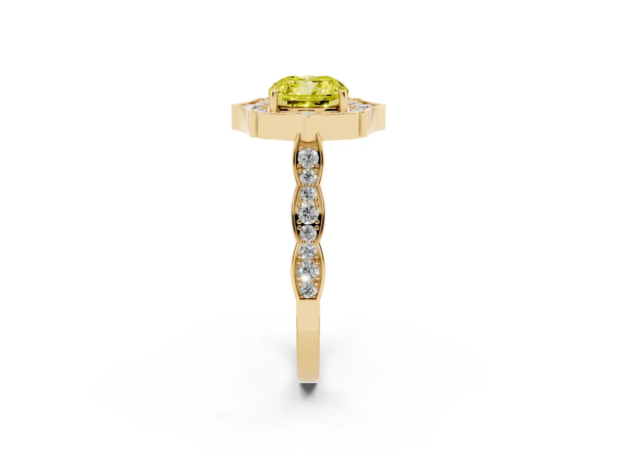 Fancy Yellow Cushion Cut Halo Diamond Engagement Ring with Milgrain Band and Four-Prong Setting Yellow gold