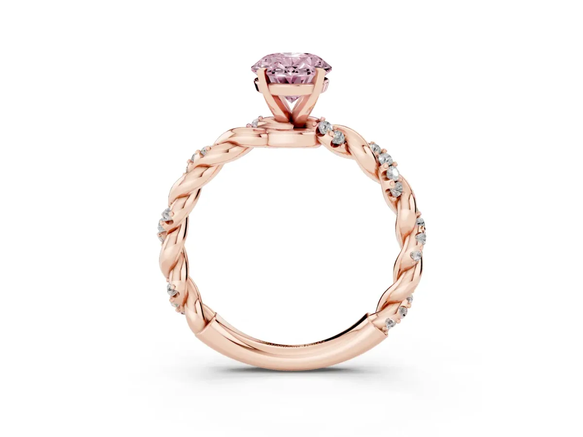 Fancy Pink Oval Cut Diamond Solitaire Ring with Twisted Band and Pavé Accents Rose gold