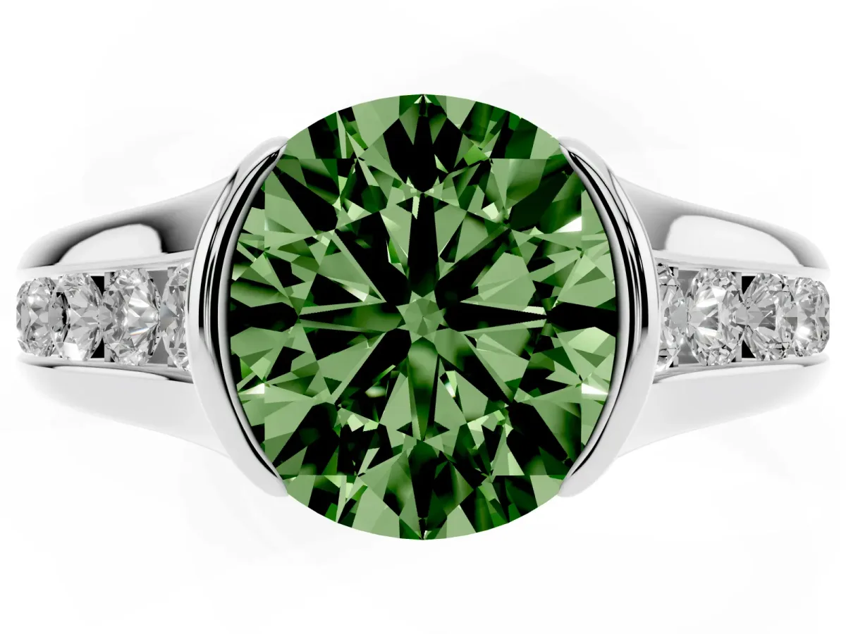 Fancy Green Round Cut Solitaire Bezel-Set Diamond Ring with Channel-Set Band Platinum