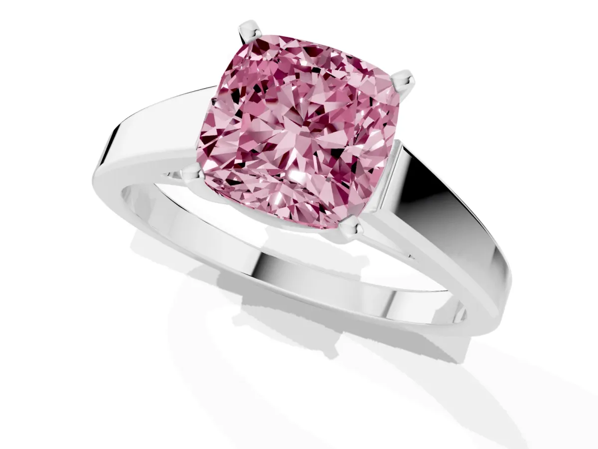 Fancy Pink Cushion Cut Solitaire Engagement Ring with Four-Prong Setting and Tapered Band Silver