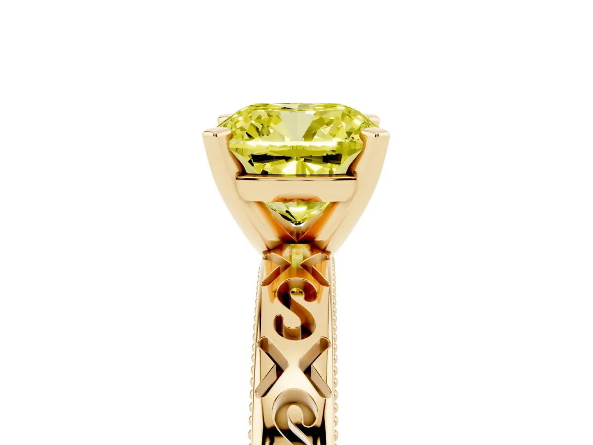 Fancy Yellow Cushion Cut Solitaire Engagement Ring with Scrollwork Band and Four-Prong Setting Yellow gold