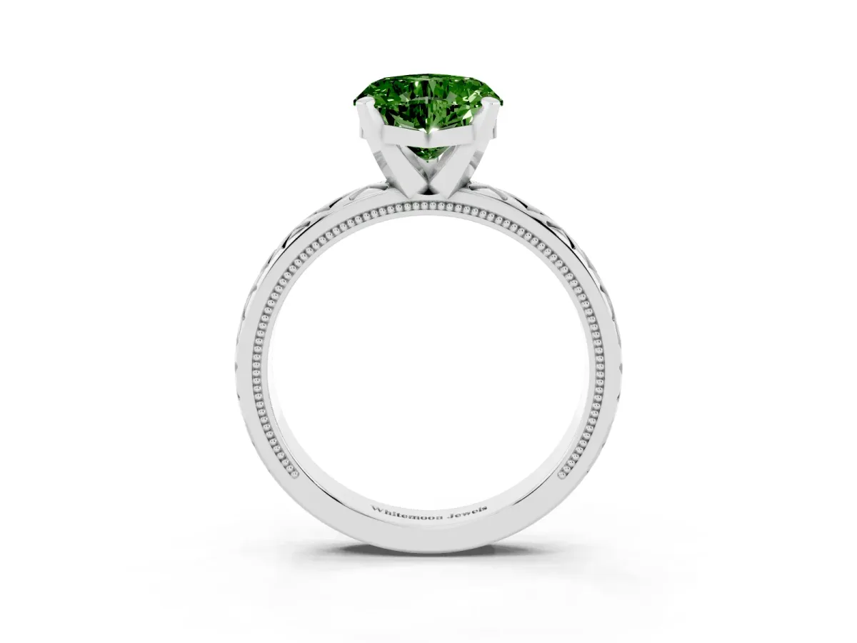 Fancy Green Heart Cut Solitaire Diamond Ring with Milgrain and Black Enamel X Pattern Band Silver