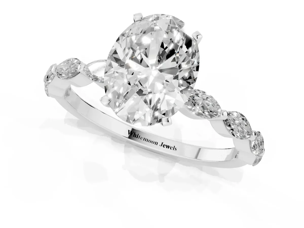 Oval Cut Diamond Ring with Marquise Side Stones and Prong Setting Silver