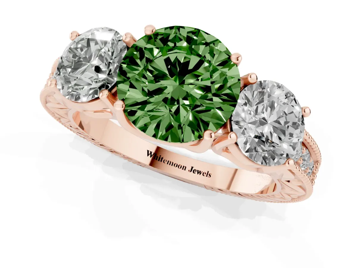 Fancy Green Three-Stone Round Cut Cut Milgrain Pavé Engagement Ring Rose gold