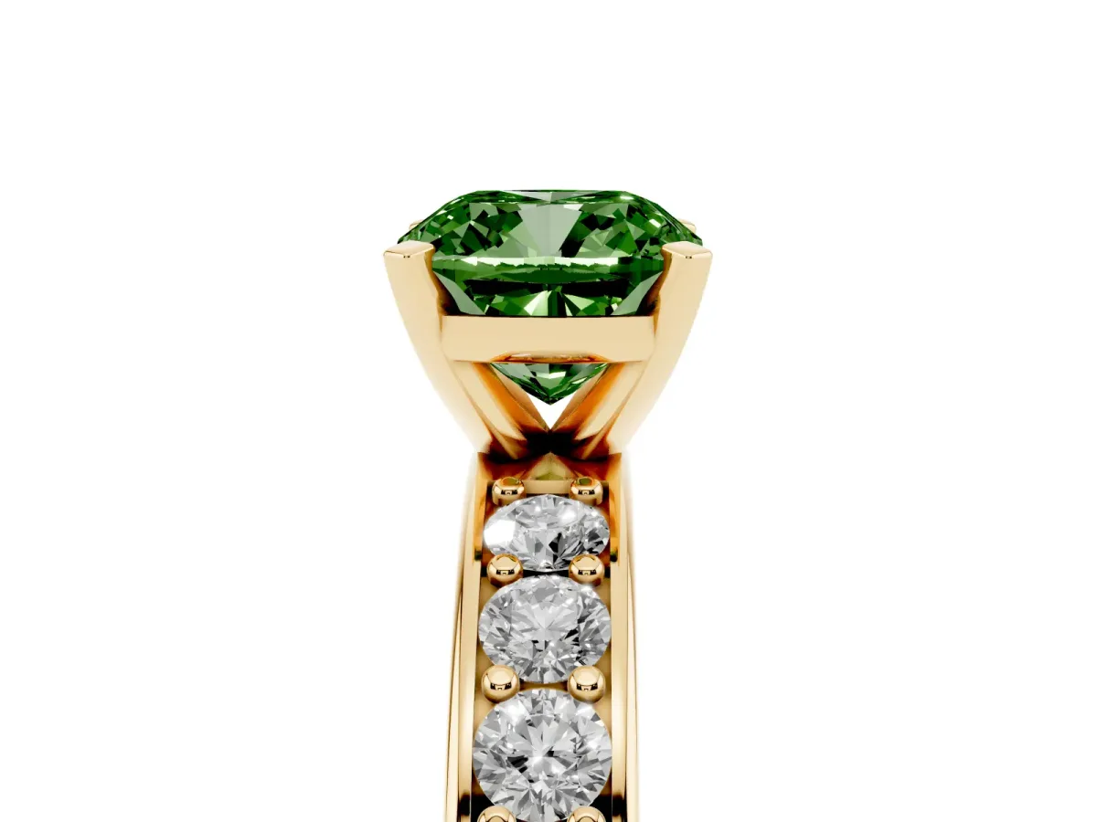 Fancy Green Cushion Cut Diamond Engagement Ring with Channel Set Round Band and Prong Setting Yellow gold