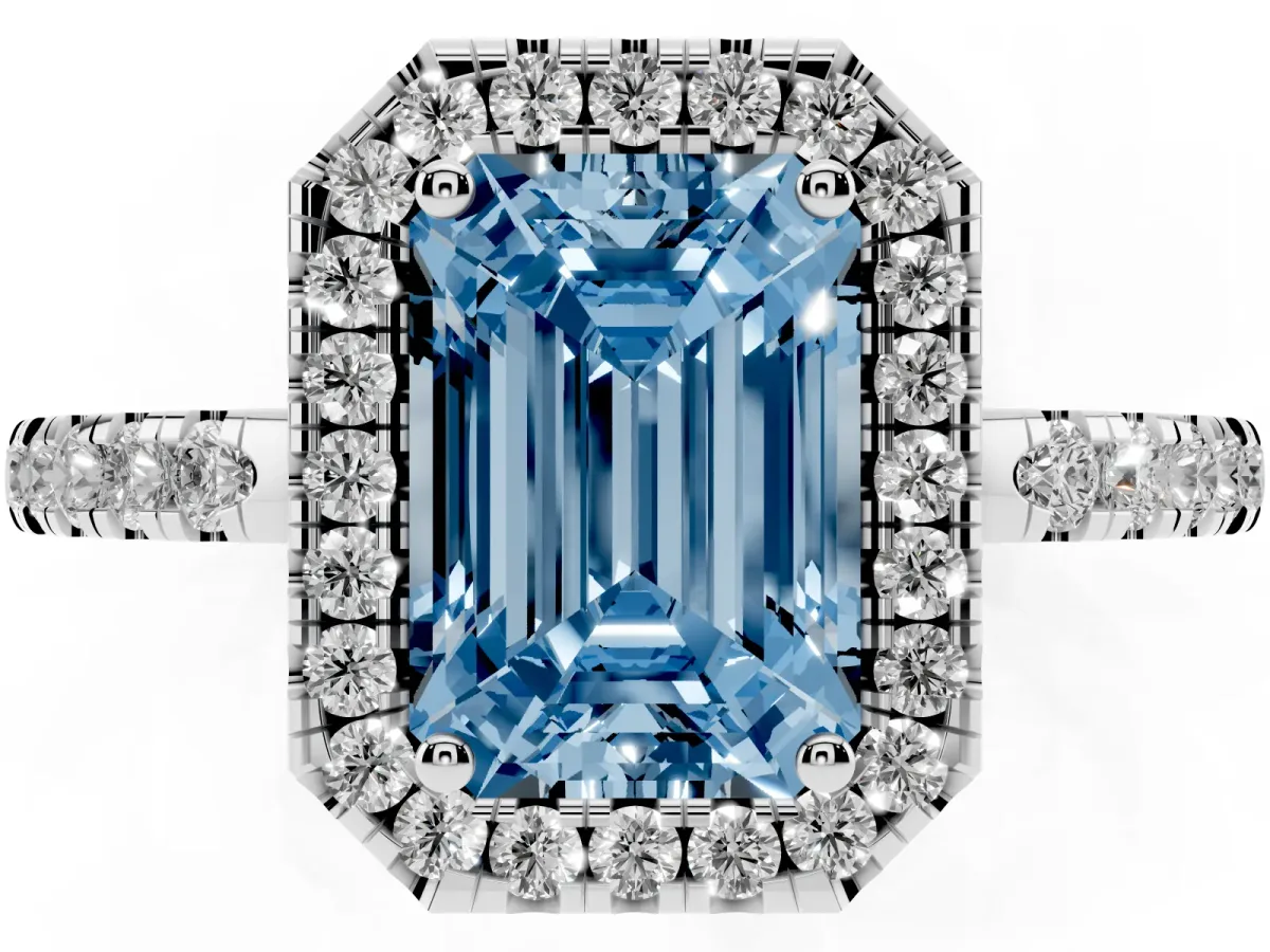 Fancy Blue Emerald Cut Halo Diamond Engagement Ring with Pavé Band and Four-Prong Setting White gold