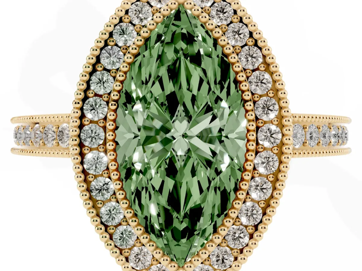 Fancy Green Marquise Cut Cut Halo Diamond Ring with Pavé Band and Milgrain Prong Setting Yellow gold