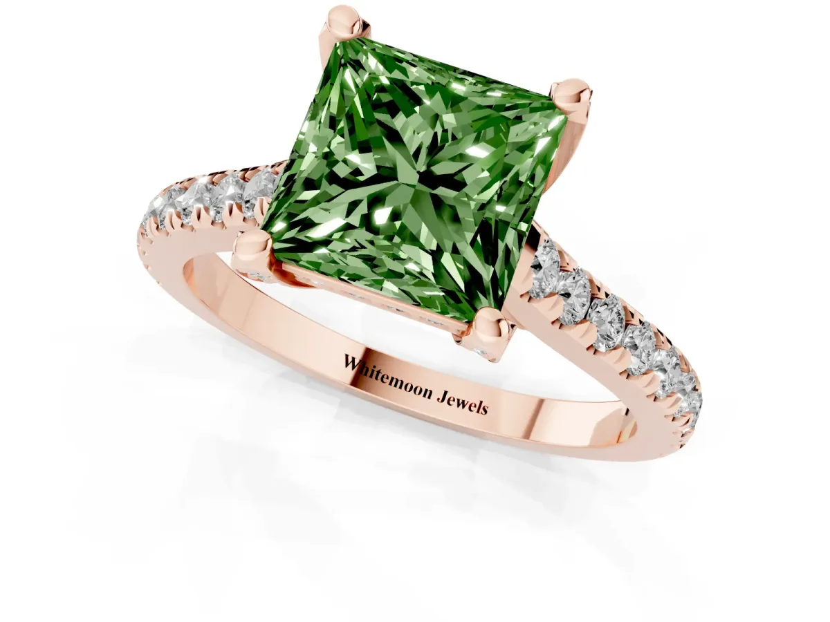 Fancy Green Princess Cut Brilliant Diamond Solitaire with Pavé Band and Four-Prong Setting Rose gold