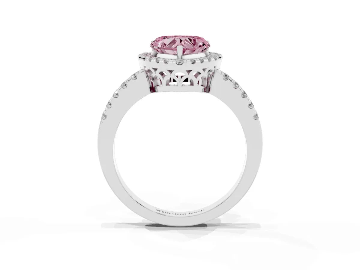 Fancy Pink Heart Cut Halo Diamond Engagement Ring with Pavé Band and Four-Prong Setting Platinum