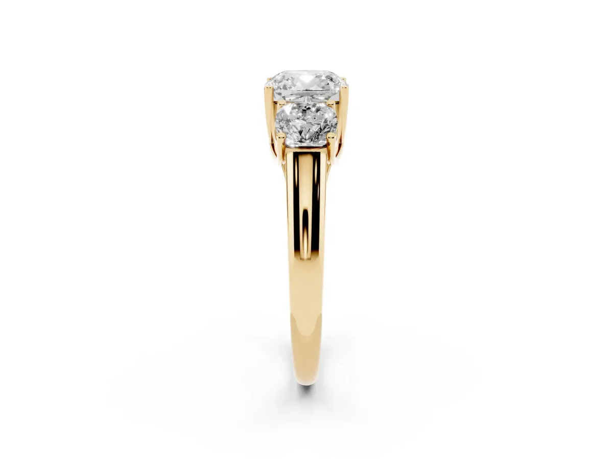 Three-Stone Cushion Cut Diamond Engagement Ring with Prong Setting Yellow gold