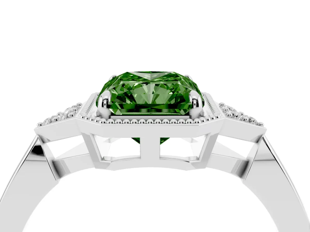 Fancy Green Radiant Cut Diamond Halo Ring with Tapered Band and Four-Prong Setting Platinum