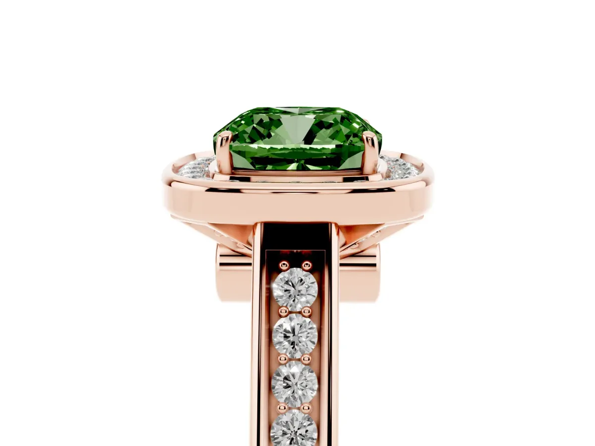 Fancy Green Cushion Cut Halo Solitaire Diamond Ring with Pave Band and Bezel Setting Rose gold