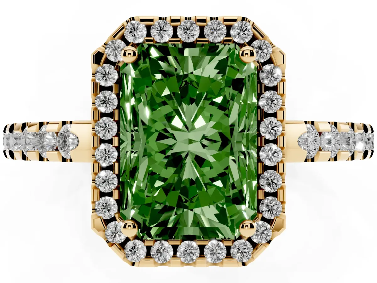 Fancy Green Radiant Cut Diamond Halo Engagement Ring with Pavé Band and Prong Setting Yellow gold