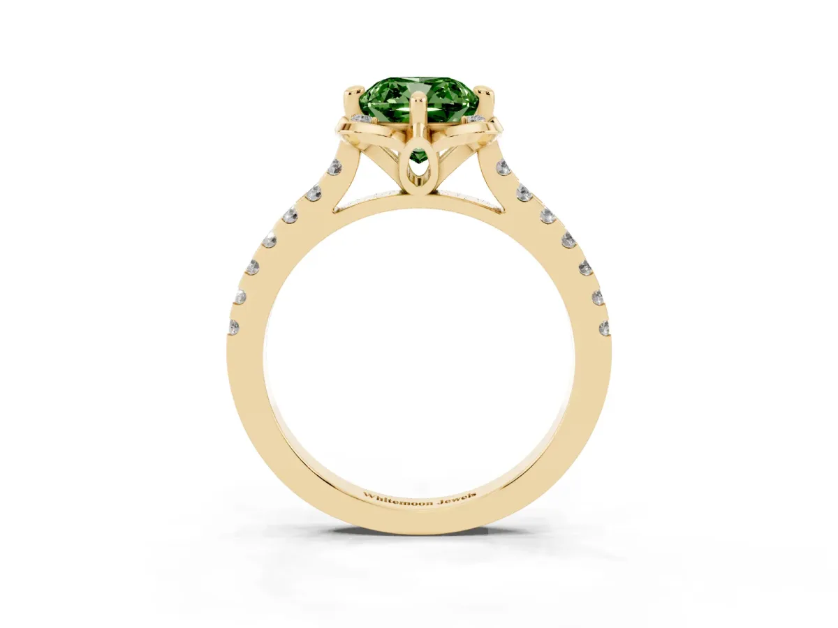 Fancy Green Cushion Cut Diamond Ring with Pavé Band and Floral Prong Setting Yellow gold