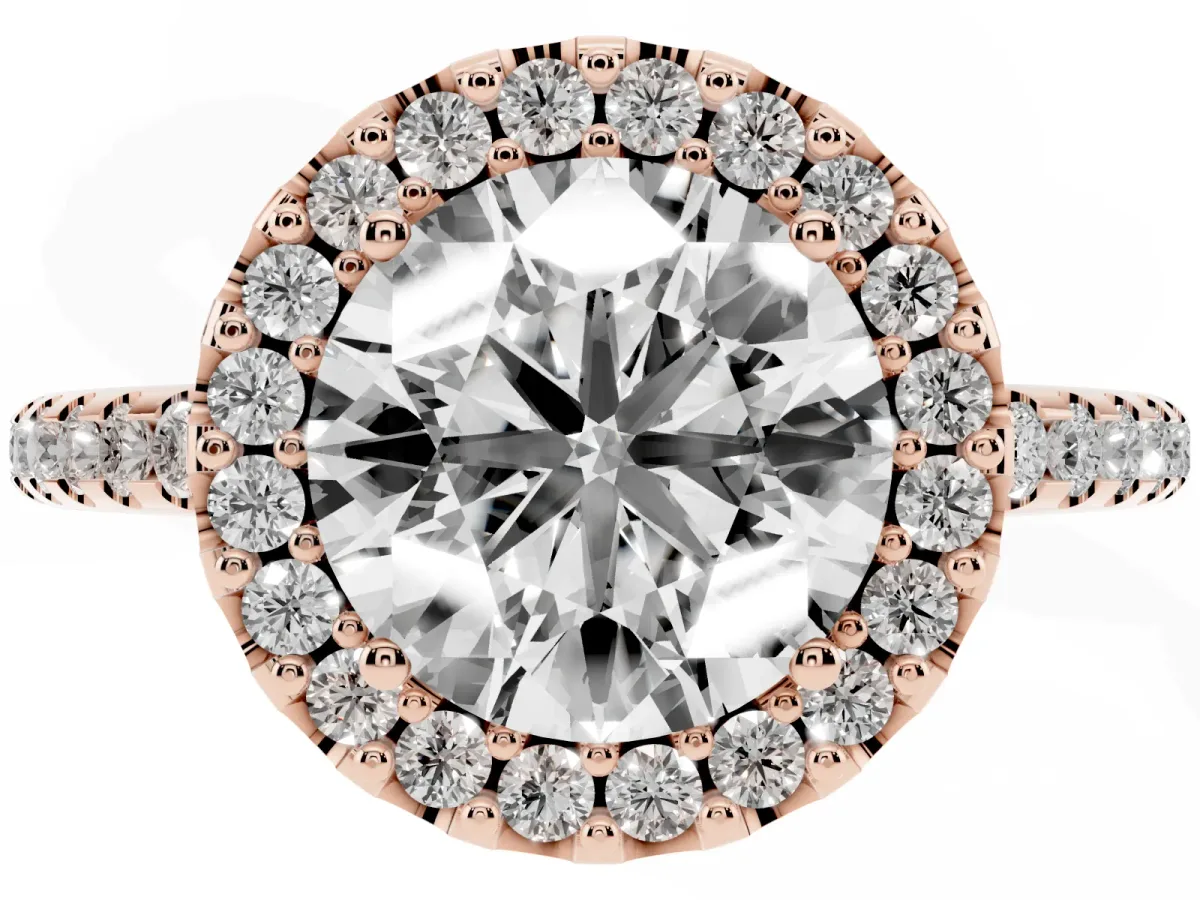 Round Cut Diamond Pavé Halo Ring with Four-Prong Setting Rose gold
