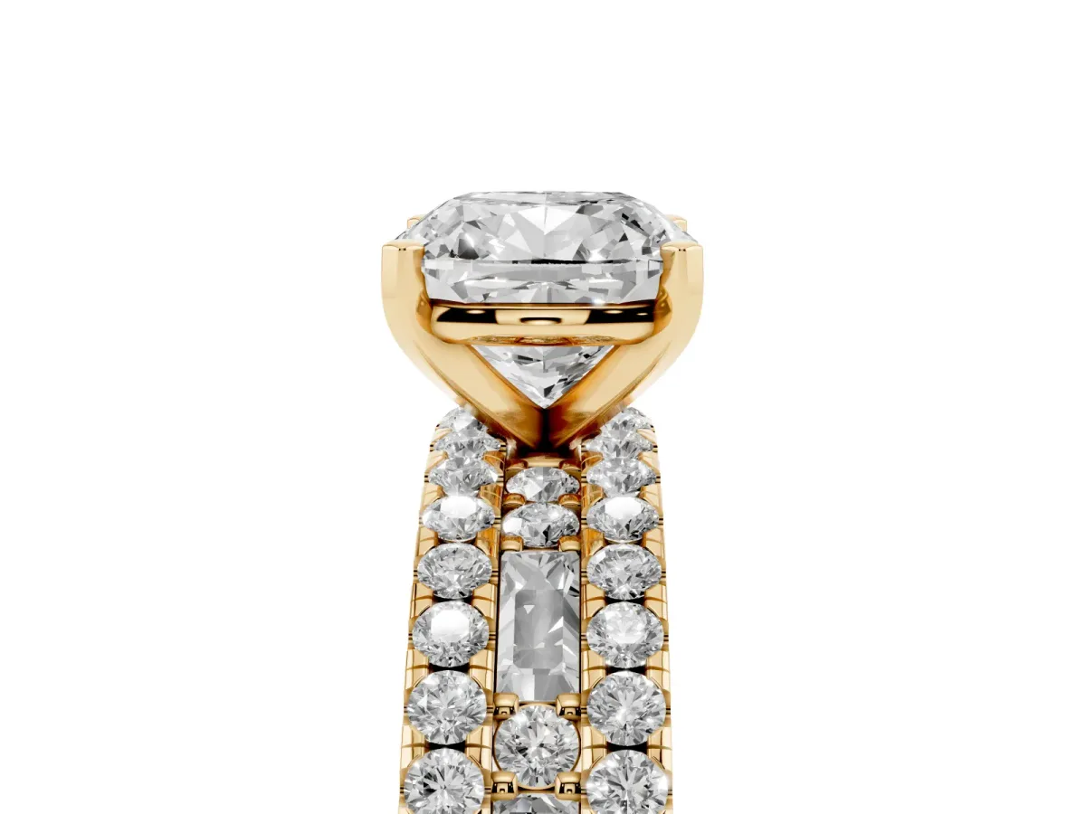 Cushion Cut Diamond Solitaire Ring with Pavé and Channel Set Band Yellow gold