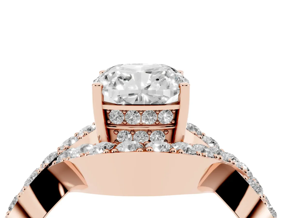 Cushion Cut Solitaire Twist Band Pavé Diamond Engagement Ring Rose gold