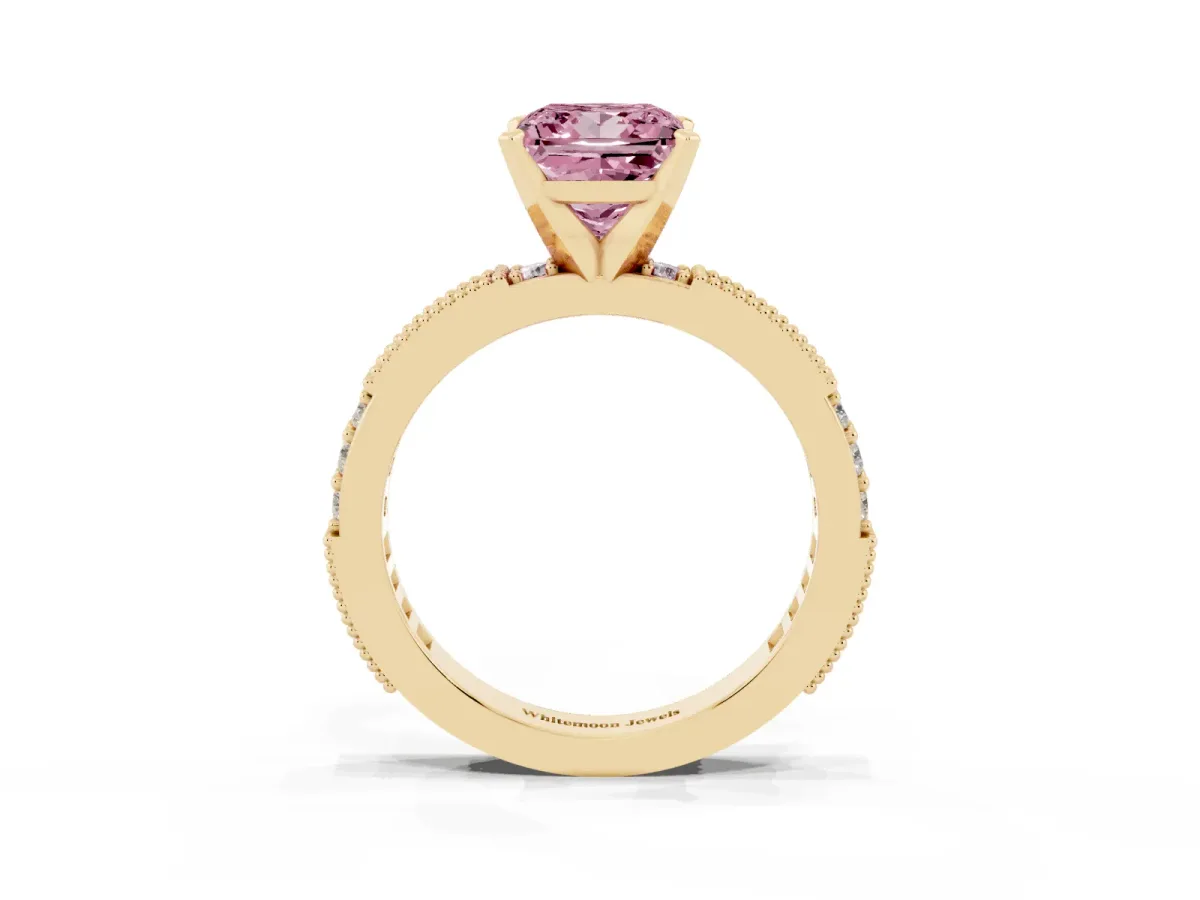 Fancy Pink Princess Cut Solitaire with Pavé Band and Four-Prong Setting Yellow gold