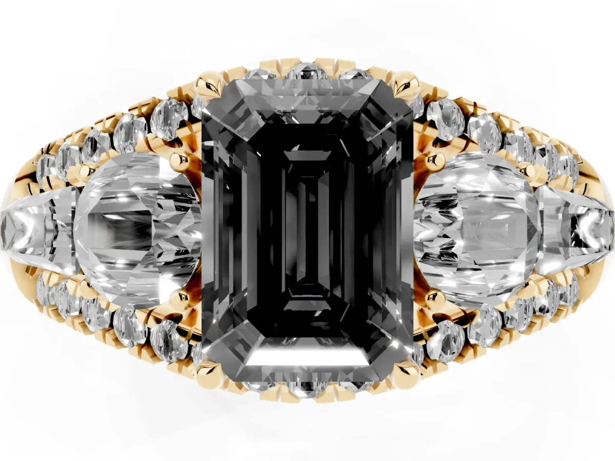 Fancy Black Three-Stone Emerald Cut Diamond Engagement Ring with Pave Band and Prong Setting Yellow gold