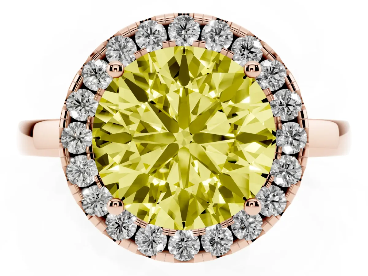 Fancy Yellow Round Cut Halo Diamond Solitaire with Pavé Band and Four-Prong Setting Rose gold