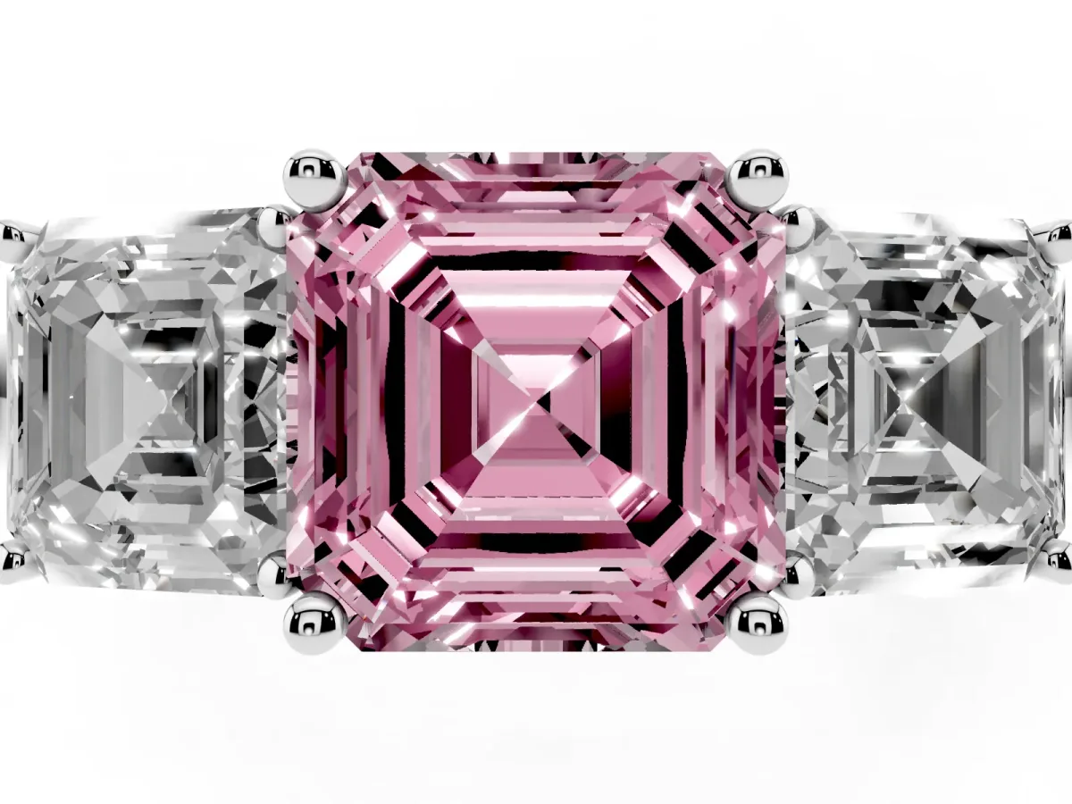 Fancy Pink Three-Stone Asscher Cut Cut Diamond Engagement Ring with Prong Setting on a White Gold Band Platinum