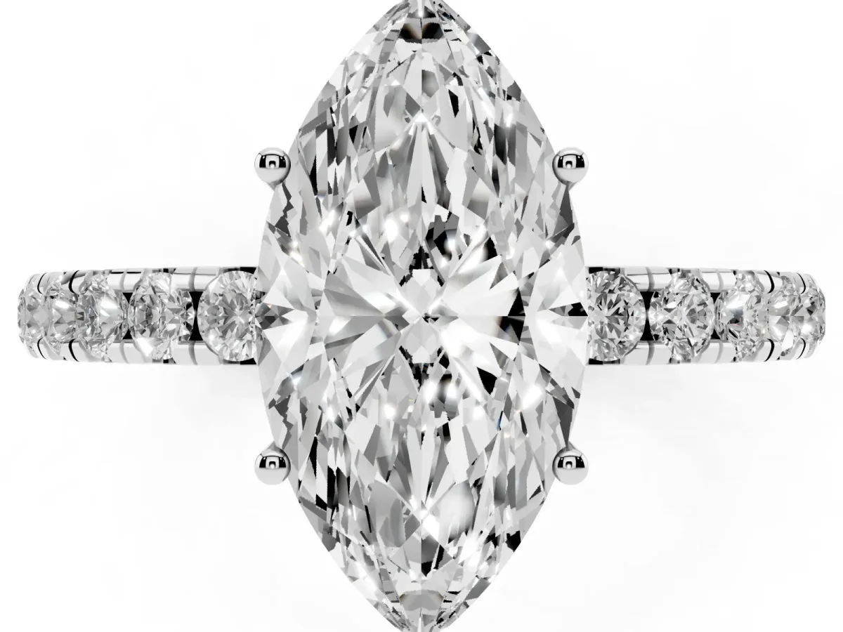 Marquise Cut Diamond Pavé Solitaire Engagement Ring with Four-Prong Setting Silver