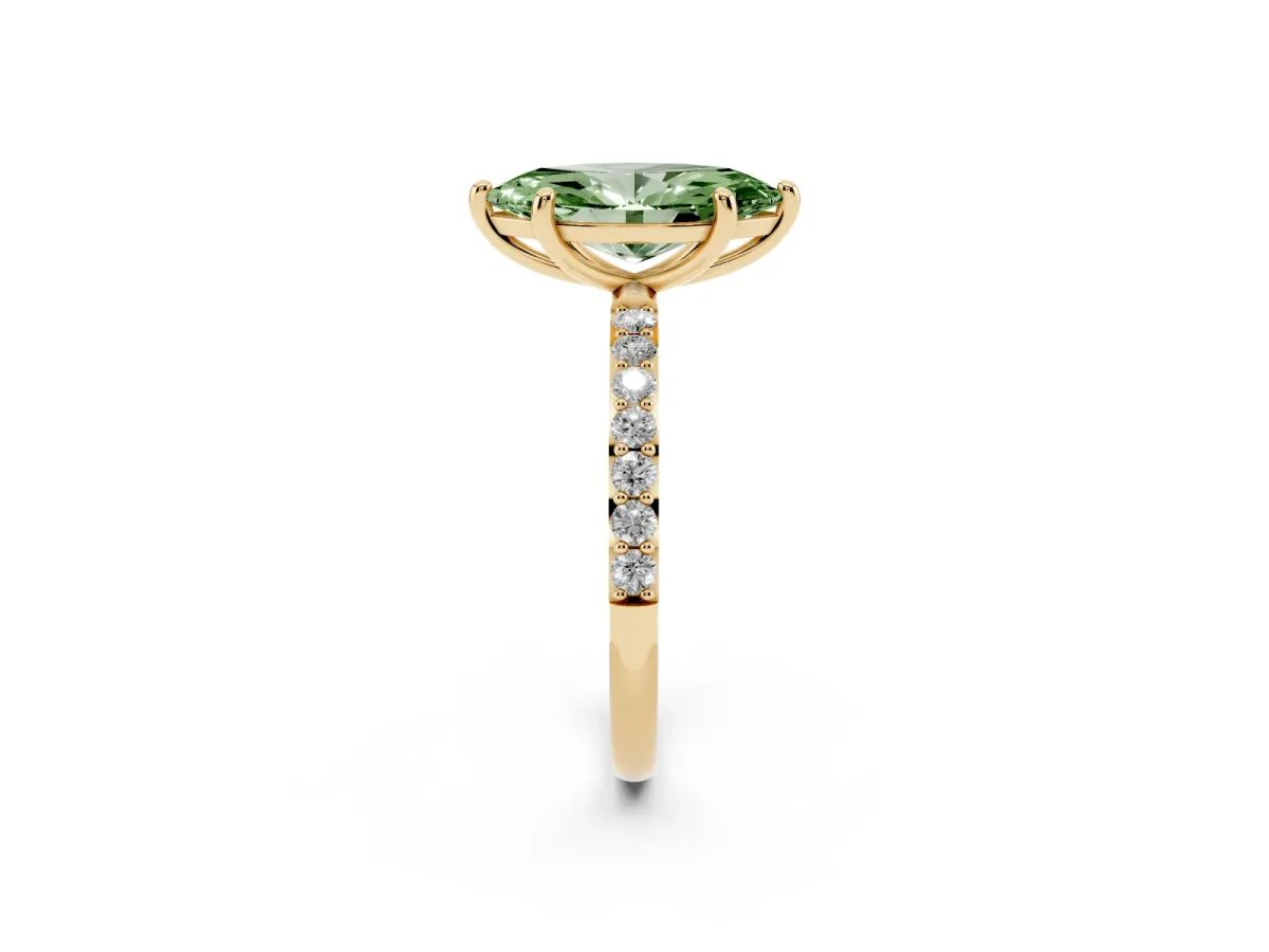 Fancy Green Marquise Cut Diamond Solitaire Ring with Round Pavé Band and Prong Setting Yellow gold