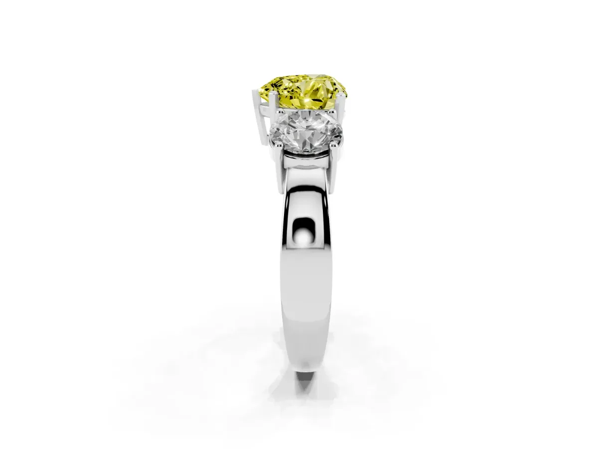 Fancy Yellow Three-Stone Heart Cut Diamond Ring with Round Side Stones, Classic Band, and Four-Prong Setting White gold