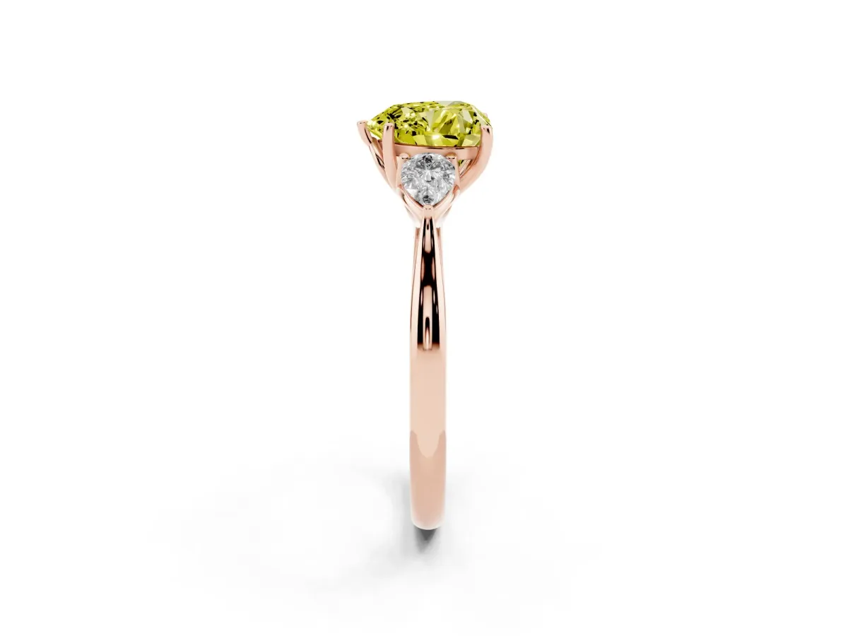Fancy Yellow Heart Cut Diamond Three-Stone Ring with Pear Side Stones and Prong Setting Rose gold