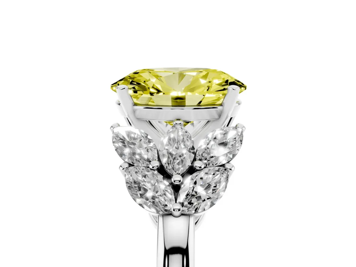 Fancy Yellow Oval Cut Diamond Cluster Leaf Design Ring with Prong Setting Platinum