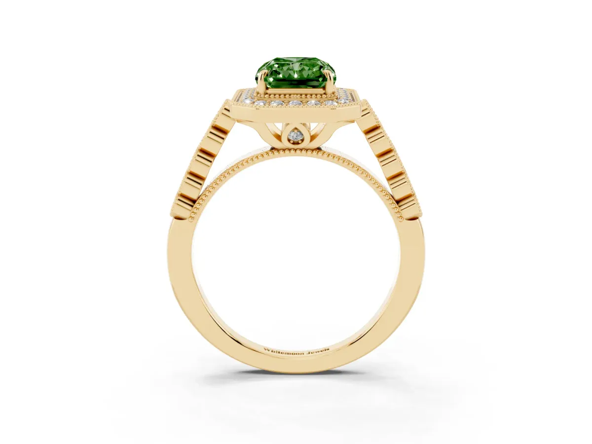 Fancy Green Radiant Cut Halo Milgrain Solitaire with Bezel Set Side Stones and Pave Band Yellow gold