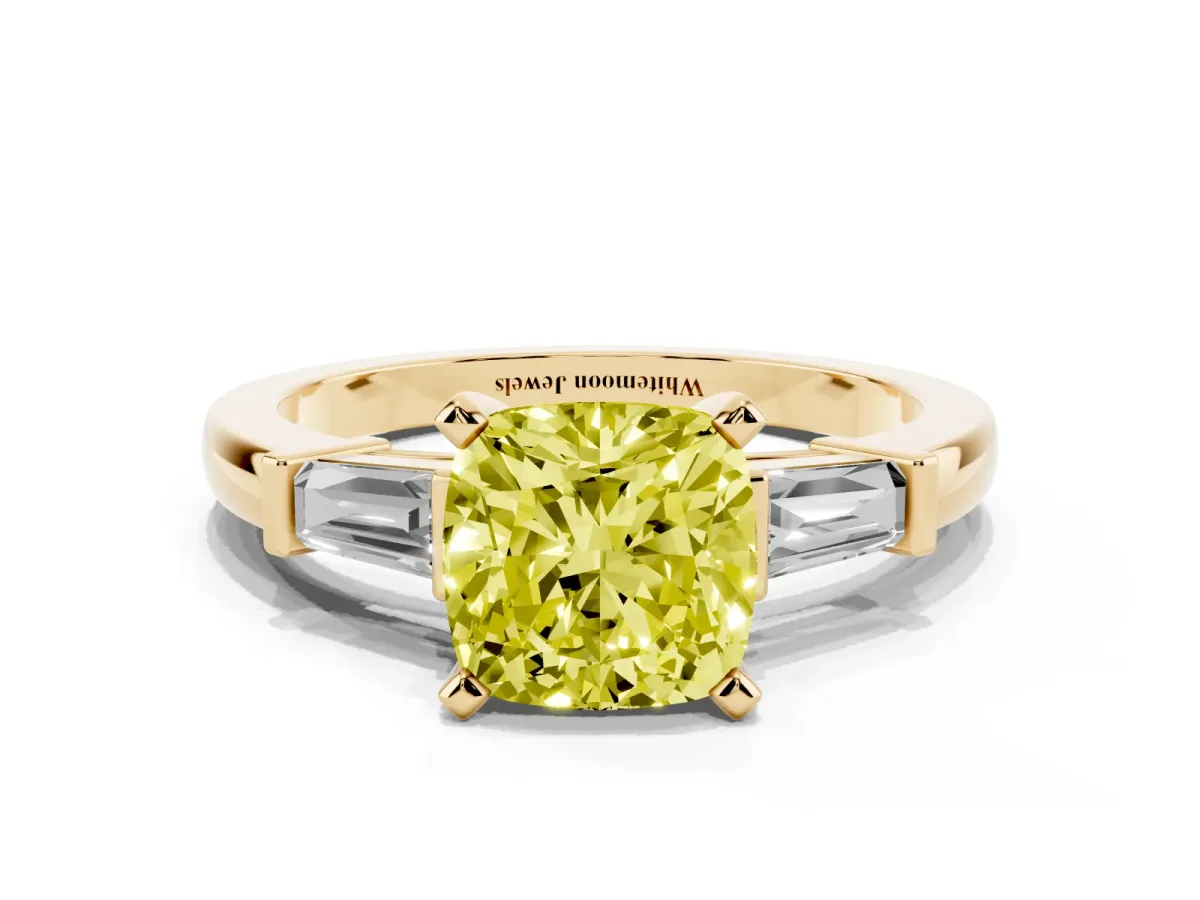 Fancy Yellow Cushion Cut Cut Diamond Solitaire Ring with Tapered Baguette Accents and Four-Prong Setting Yellow gold