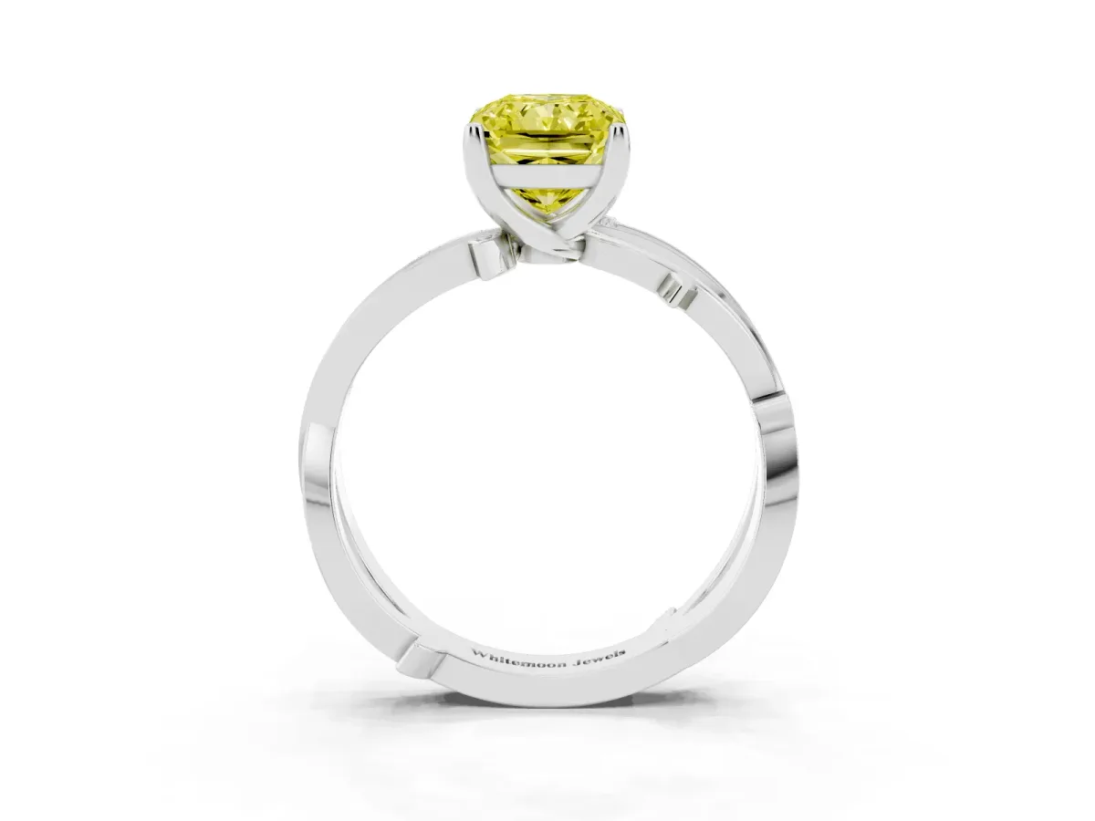 Fancy Yellow Radiant Cut Solitaire Twist Band with Pavé Accents and Four-Prong Setting White gold