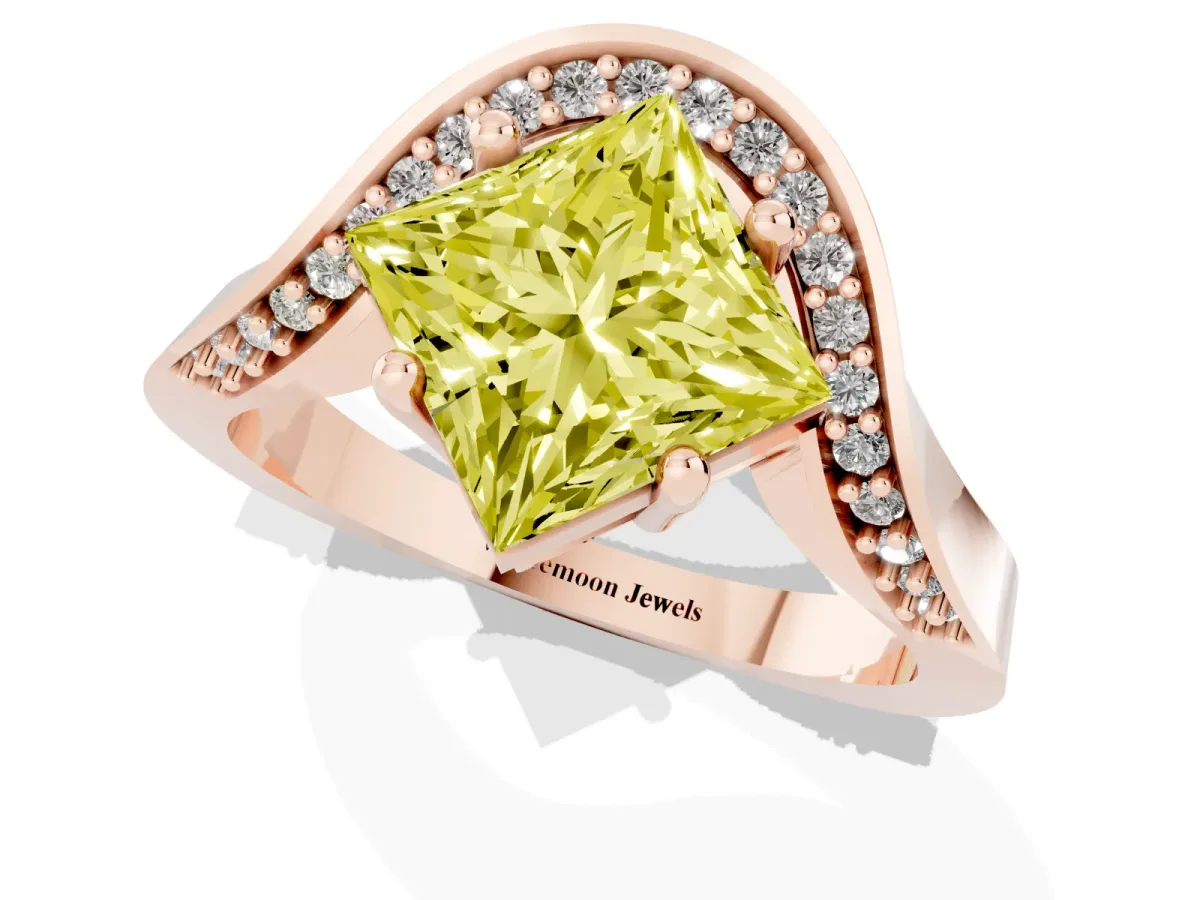 Fancy Yellow Princess Cut Solitaire Diamond Engagement Ring with Pave Band and Four-Prong Setting Rose gold