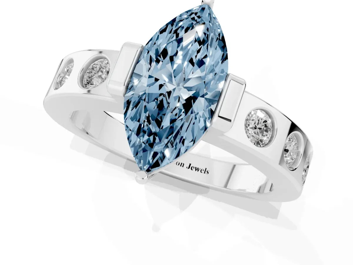 Fancy Blue Marquise Cut Brilliant Channel-Set Diamond Ring with Bezel Prong Setting Silver