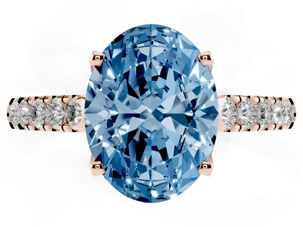 Fancy Blue Oval Cut Diamond Pavé Band Solitaire Ring with Prong Setting Rose gold