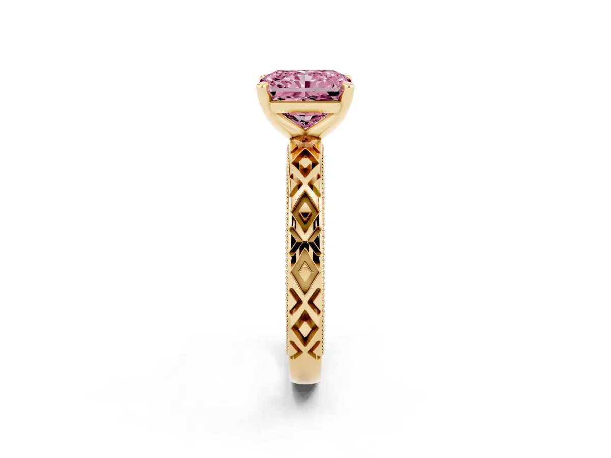 Fancy Pink Radiant Cut Solitaire Diamond Ring with Milgrain and Black Enamel X Pattern Band Yellow gold
