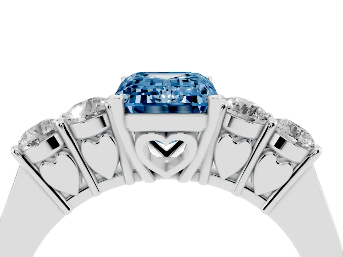 Fancy Blue Emerald Cut Cut Diamond Five-Stone Prong Set White Gold Ring Platinum