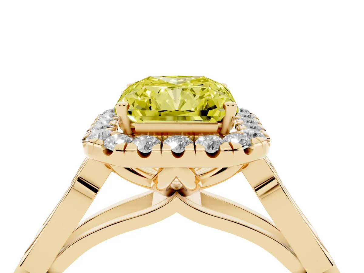 Fancy Yellow Radiant Cut Halo Diamond Engagement Ring with Filigree Band and Four-Prong Setting Yellow gold