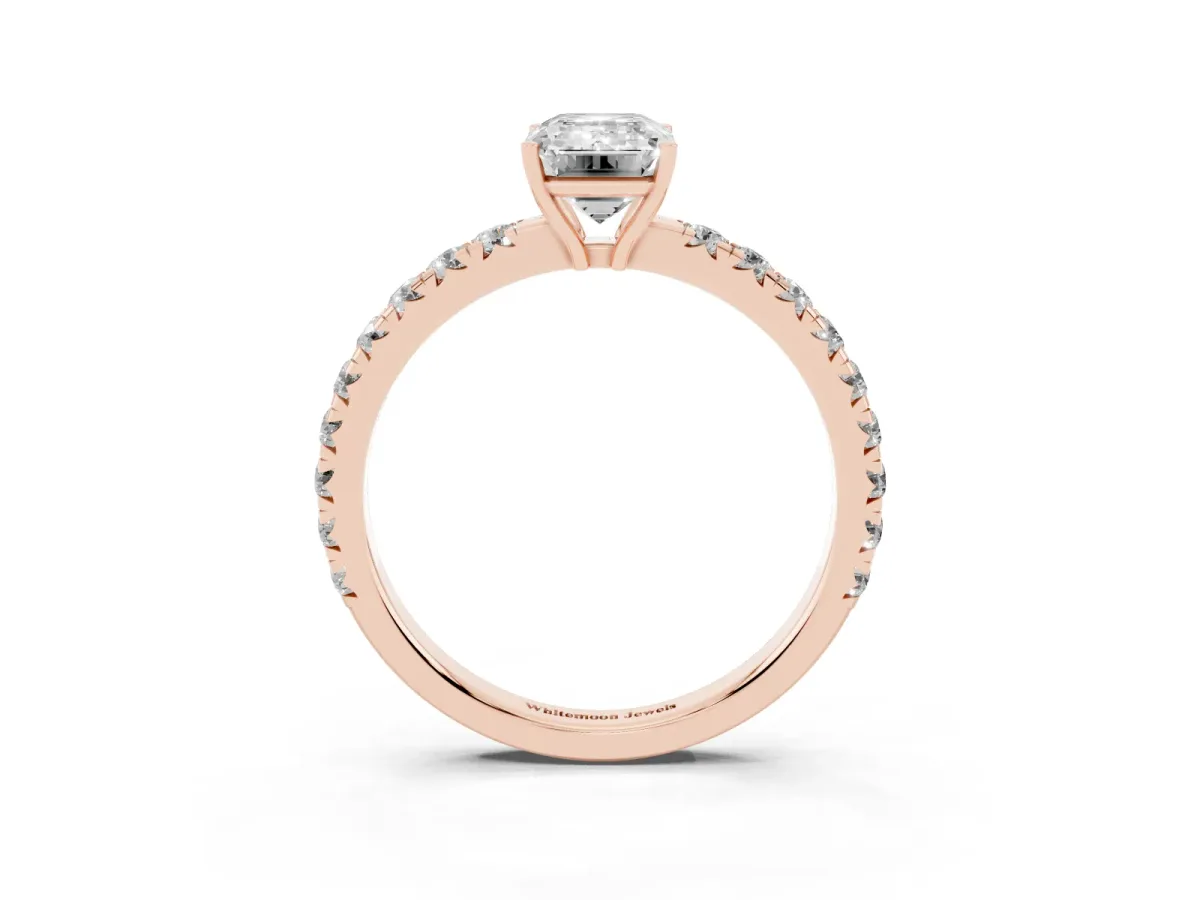 Emerald Cut Diamond Pavé Solitaire Engagement Ring with Four-Prong Setting Rose gold