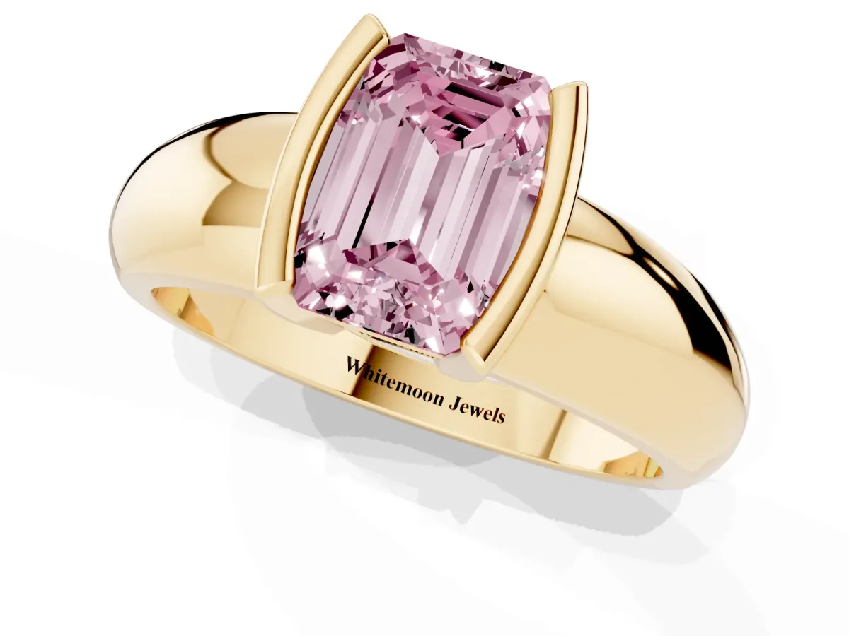 Fancy Pink Emerald Cut Solitaire Tension Set Diamond Ring with Wide Band Yellow gold