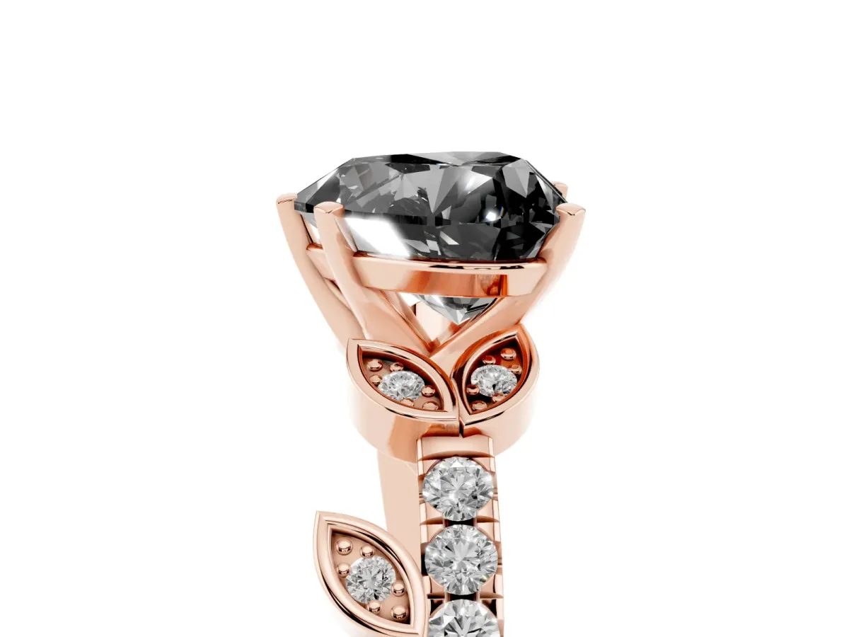 Fancy Black Heart Cut Solitaire Leaf-Inspired Diamond Ring with Pavé Band and Four-Prong Setting Rose gold