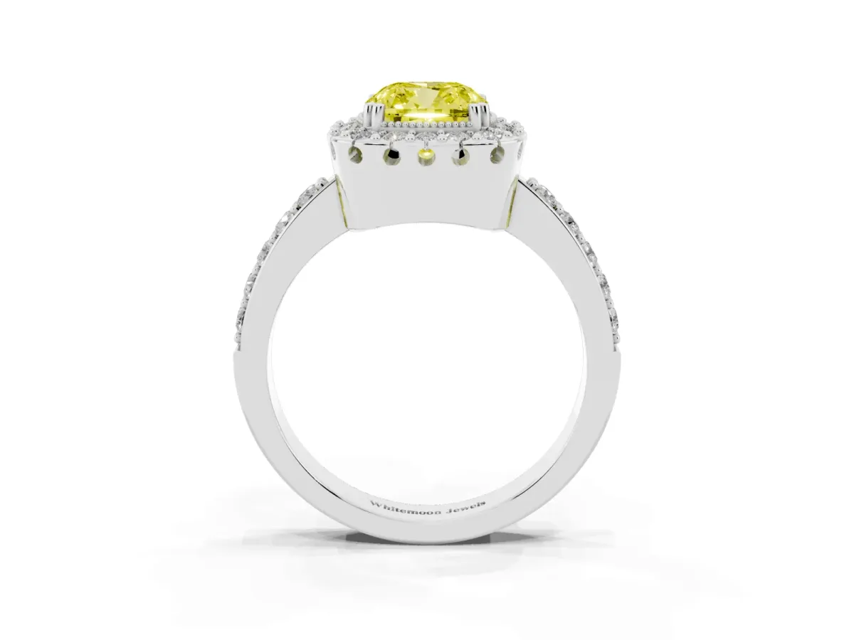 Fancy Yellow Cushion Cut Diamond Halo Ring with Pavé Band and Prong Setting Silver