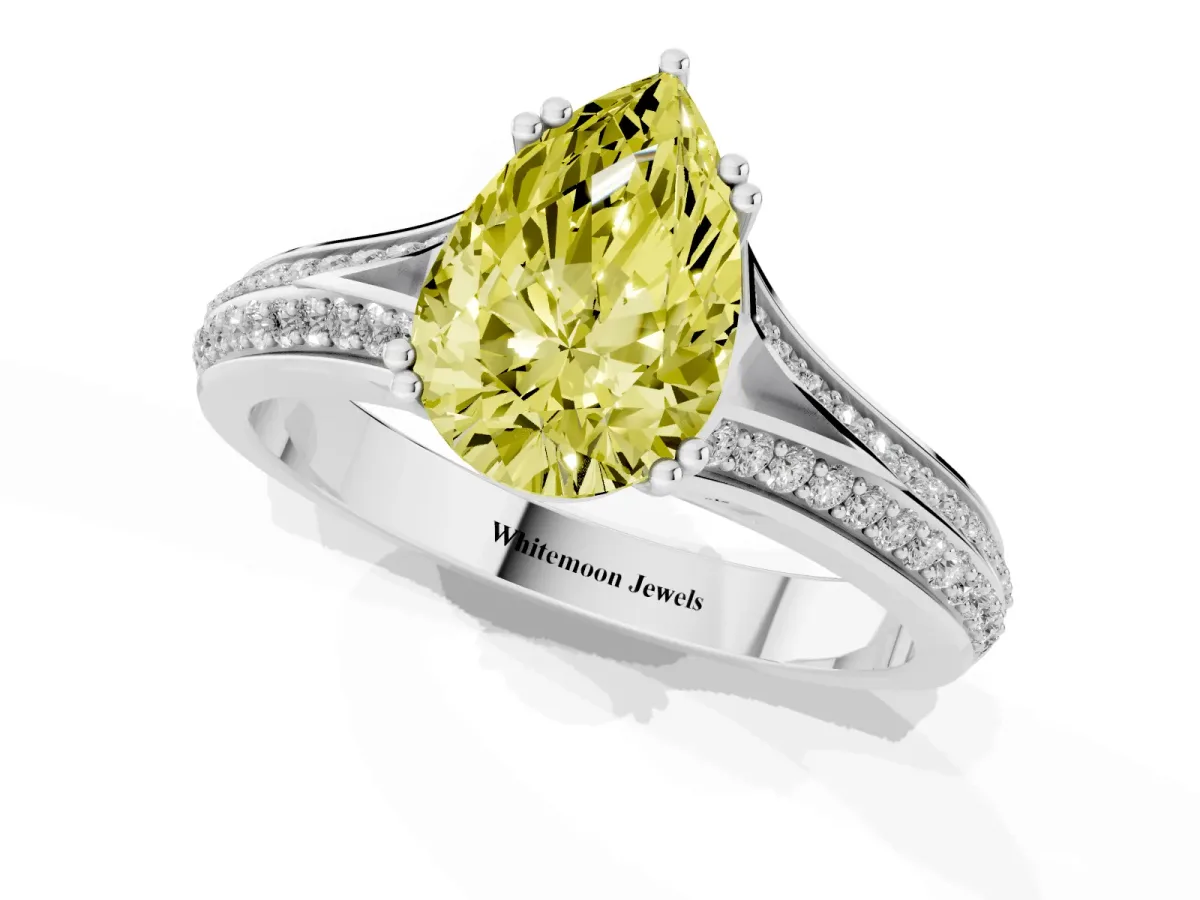 Fancy Yellow Pear Cut Diamond Split Shank Engagement Ring with Pavé Band Silver