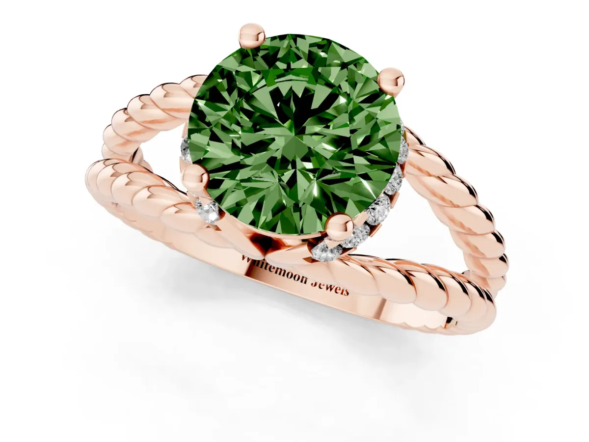 Fancy Green Round Cut Halo Twisted Band Four-Prong Ring Rose gold