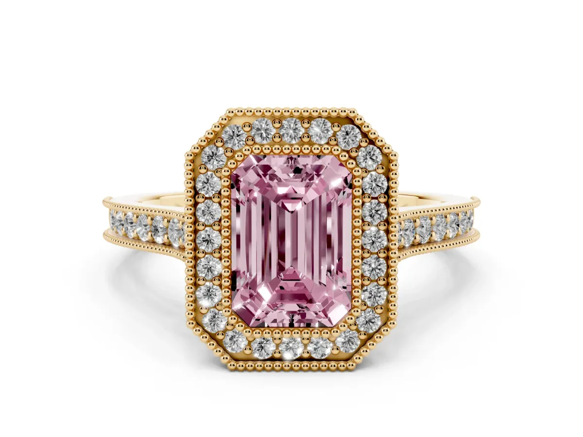 Fancy Pink Halo Emerald Cut-Cut Diamond Pave Band Milgrain Prong Setting Ring Yellow gold