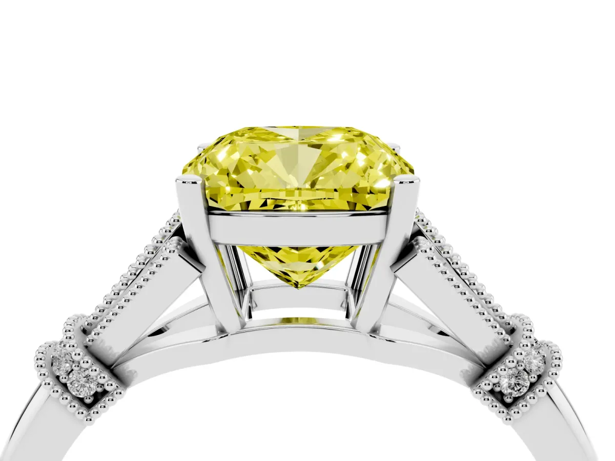 Fancy Yellow Cushion Cut Diamond Solitaire Ring with Floral Filigree and Pave Accents Platinum