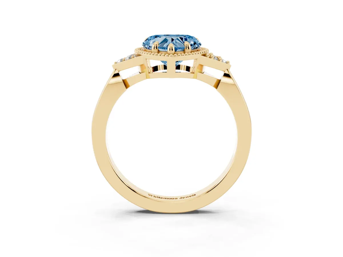 Fancy Blue Heart Cut Diamond Halo Ring with Tapered Band and Four-Prong Setting Yellow gold
