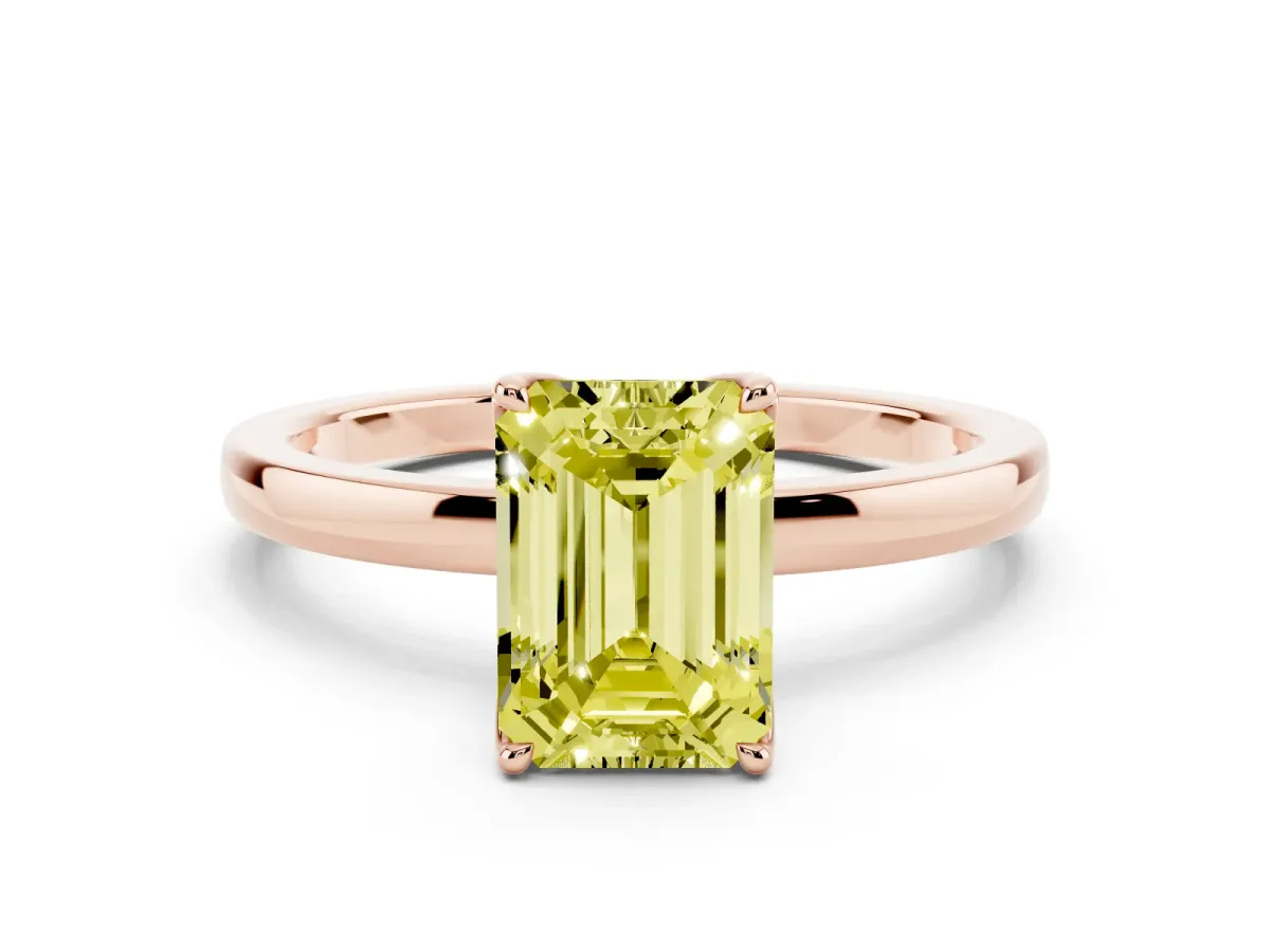 Fancy Yellow Emerald Cut Diamond Solitaire Ring with Thin Band and Prong Setting Rose gold